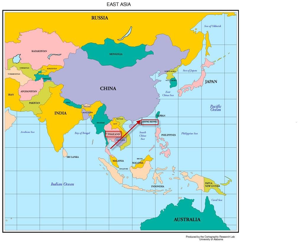 Hong Kong í kort af asíu